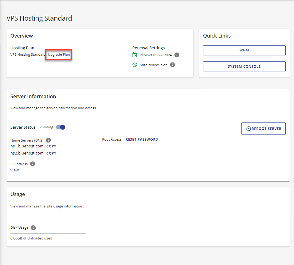 Account Manager Hosting Upgrade Plan Link