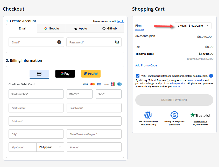 Bluehost FOS - Agency hosting - Checkout - Choose billing term