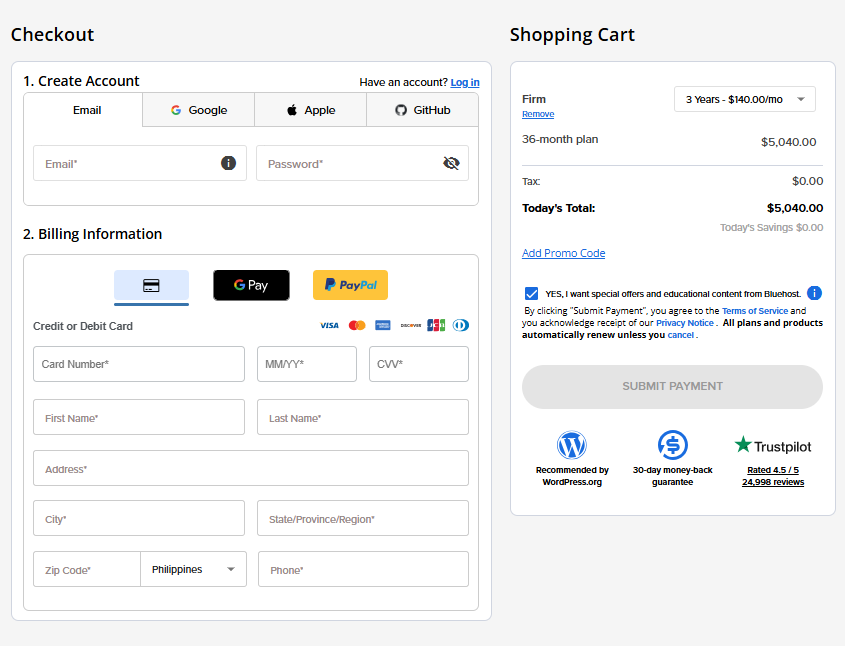 Bluehost FOS - Agency Menu - Create an account and enter billing information