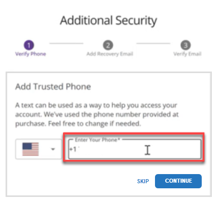 Additional Security - Enter trusted phone number