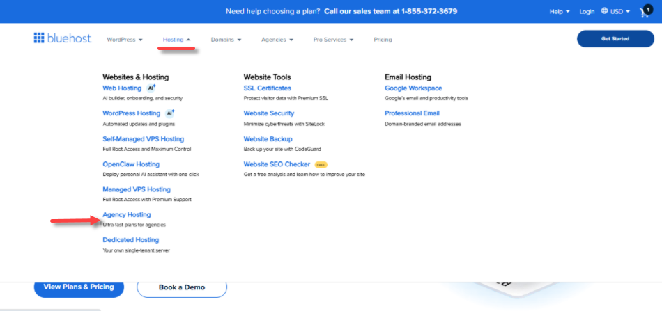 Bluehost FOS - Hosting menu - Agency Hosting