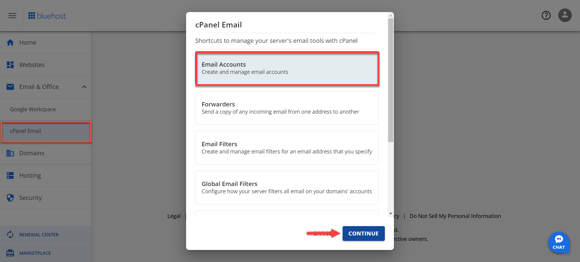 Bluehost interface showing 'Email Accounts' in cPanel Email menu with 'Continue' button.