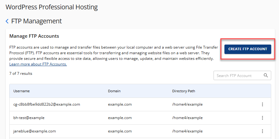 Create FTP Account Button