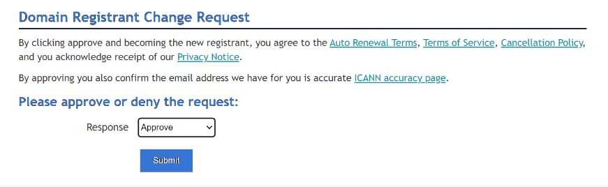 Domain Registrant Change Request Approve Submit button