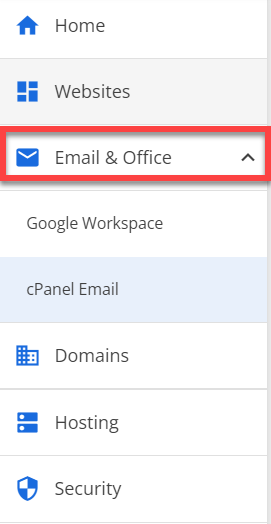 Dropdown menu for 'Email & Office' highlighted, with options for Google Workspace and cPanel Email, under a 'Websites' tab.