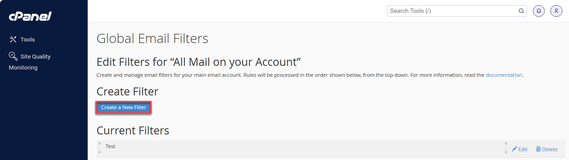 Configure Global Email Filters - Create New Filter