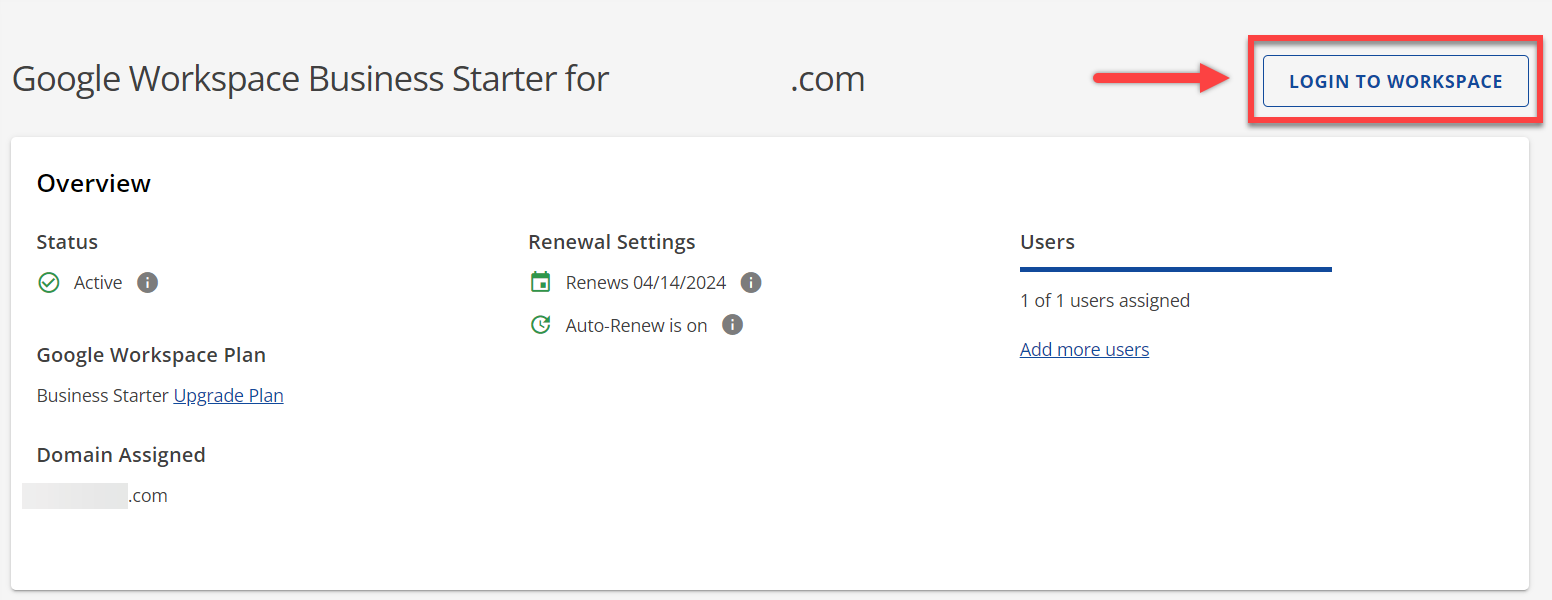 Google Workspace Business Starter dashboard showing status, renewal settings, user assignments, and a 'LOGIN TO WORKSPACE' button.