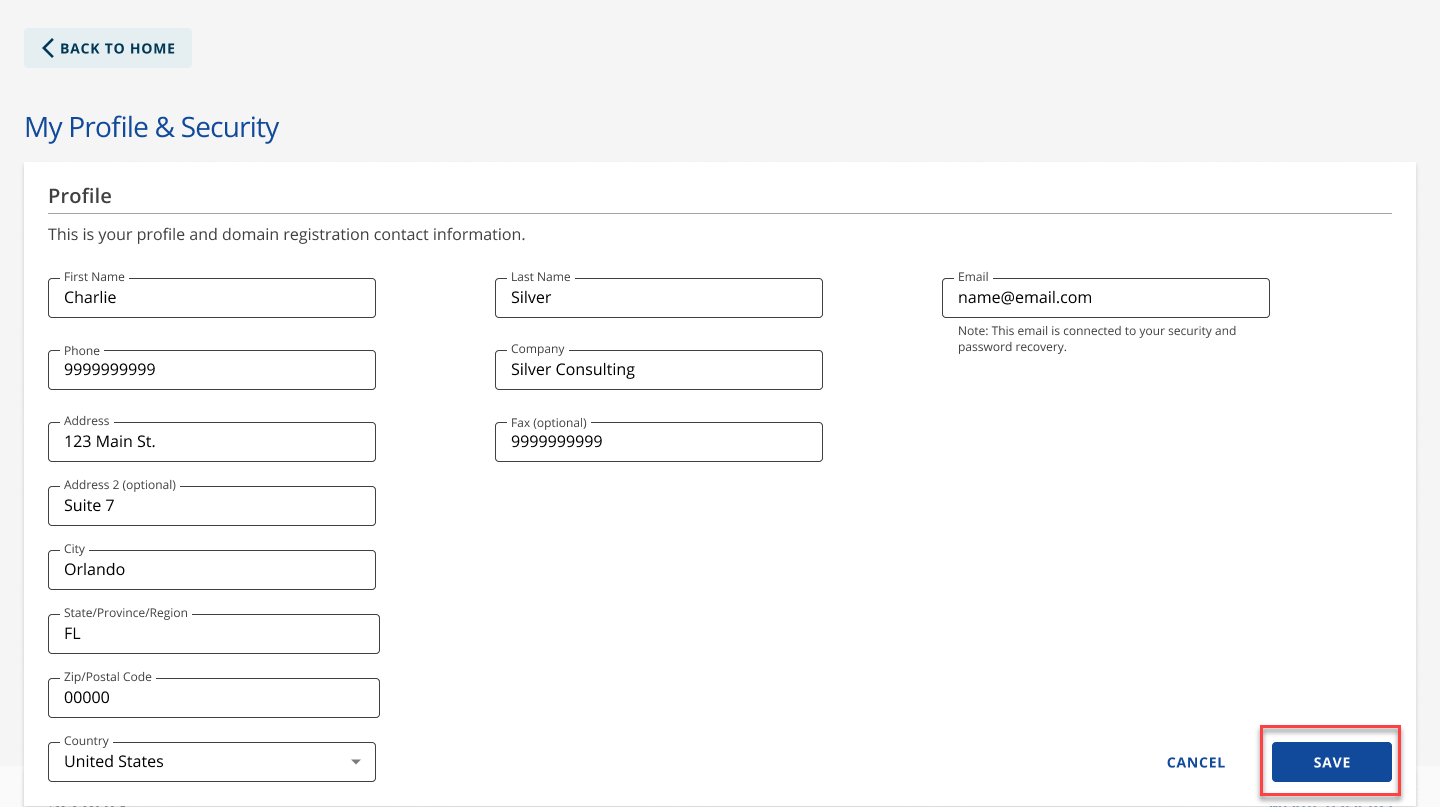 My Profile & Security Edit Profile Save button