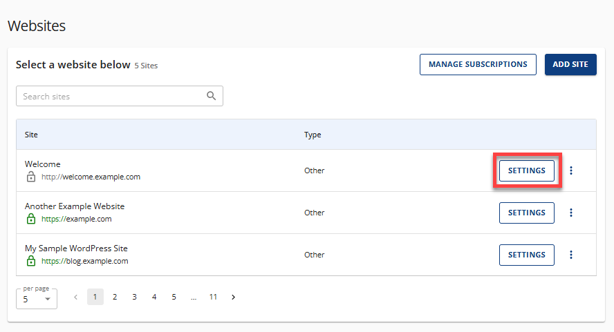 Bluehost Account Manager - Websites Tab Settings