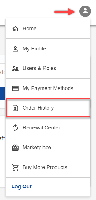 Mobile navigation menu highlighting 'Order History' among other account options.