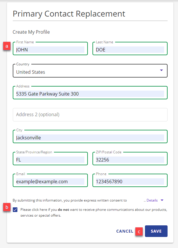 Replace Primary Contact Replacement Page Create My Profile section