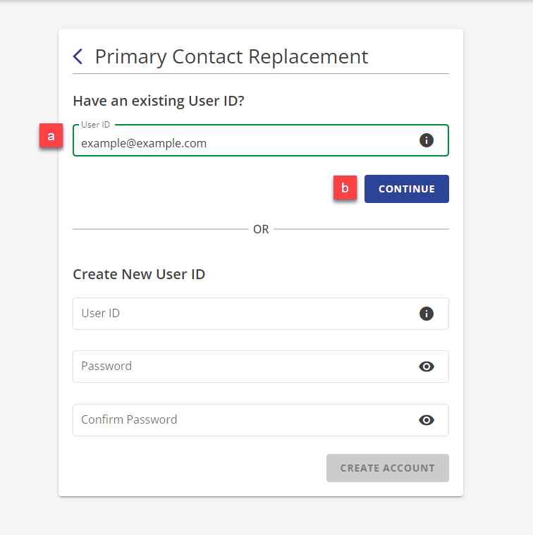 Replace Primary Contact Replacement Page Existing User