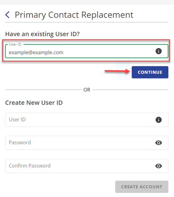 Replace Primary Contact Replacement Page Existing User