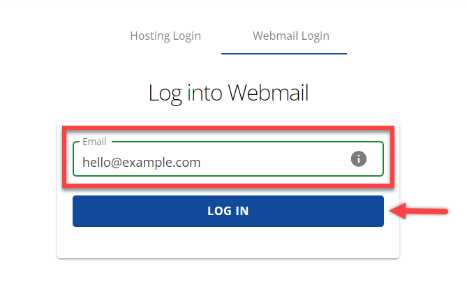 Webmail login interface with an outlined email input box containing 'hello@example.com' and an arrow pointing to the 'LOG IN' button.
