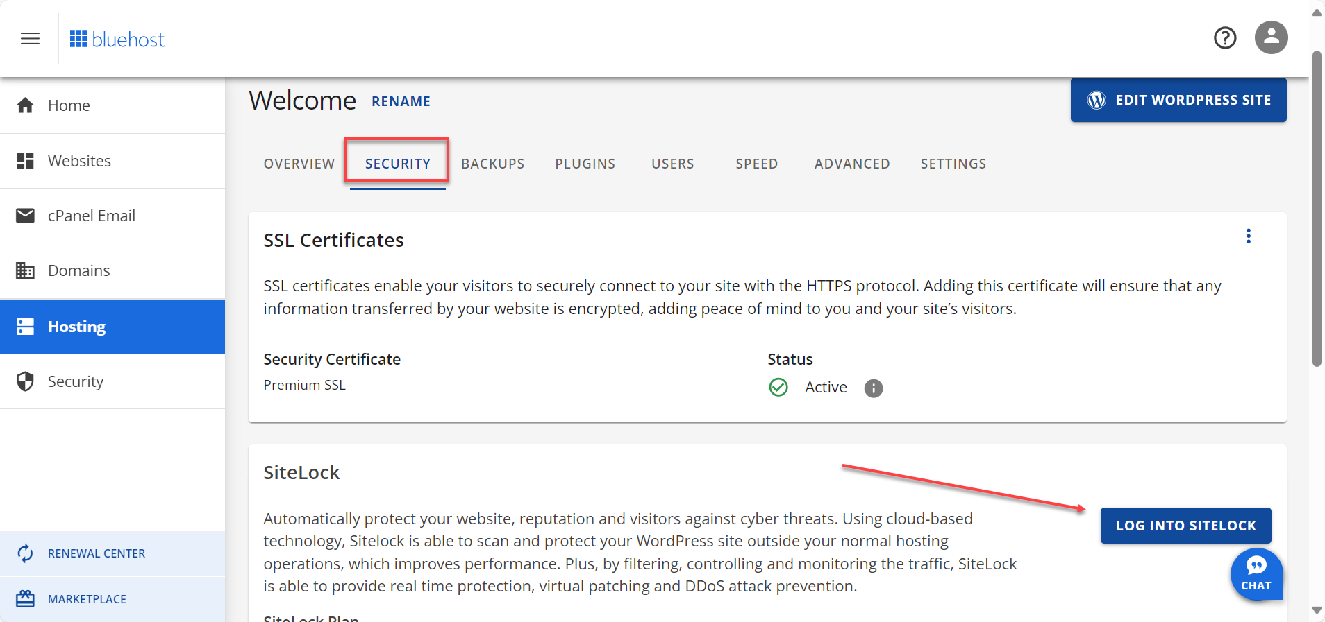 Security tab and Log into sitelock button
