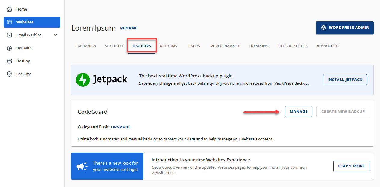 Backups Tab
