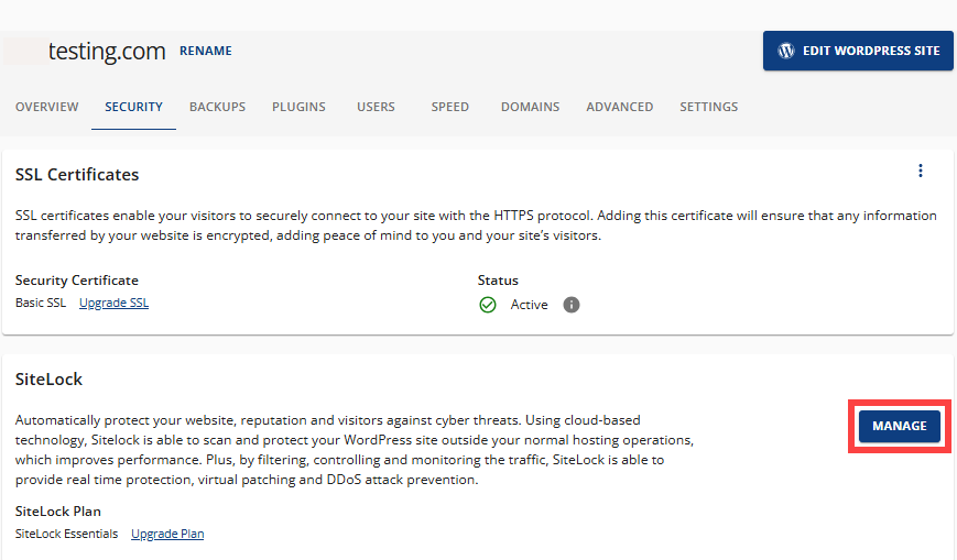 Security tab and Log into sitelock button