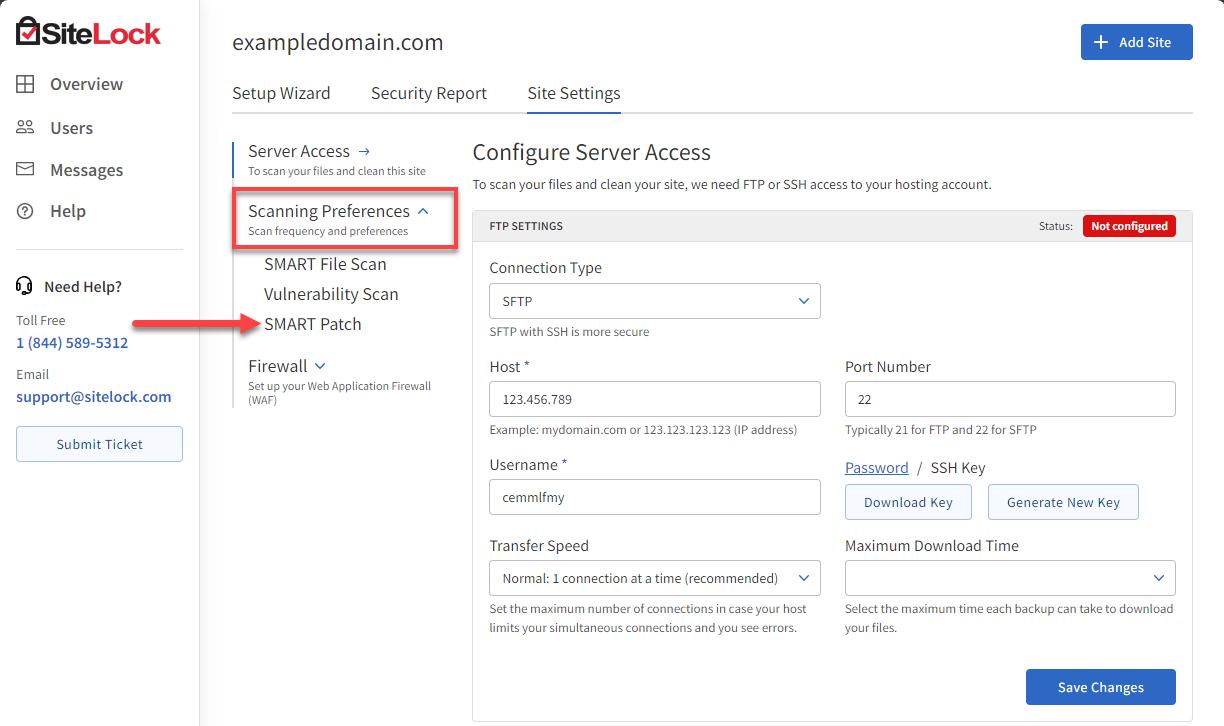 BH SiteLock Site Settings - Smart Patch