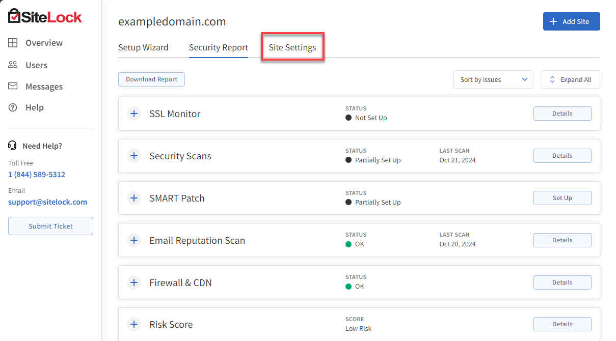 BH SiteLock Site Settings
