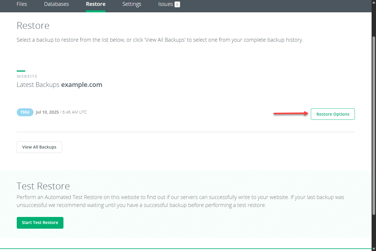 Codeguard Dashboard Website Backup Restore page