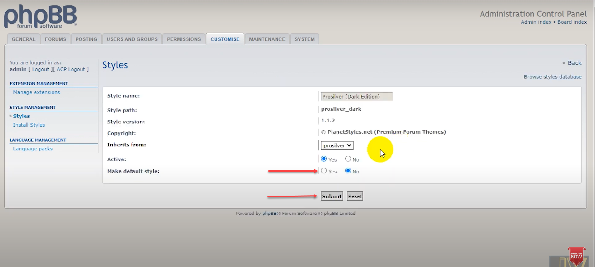 Install Styles link under Actions column