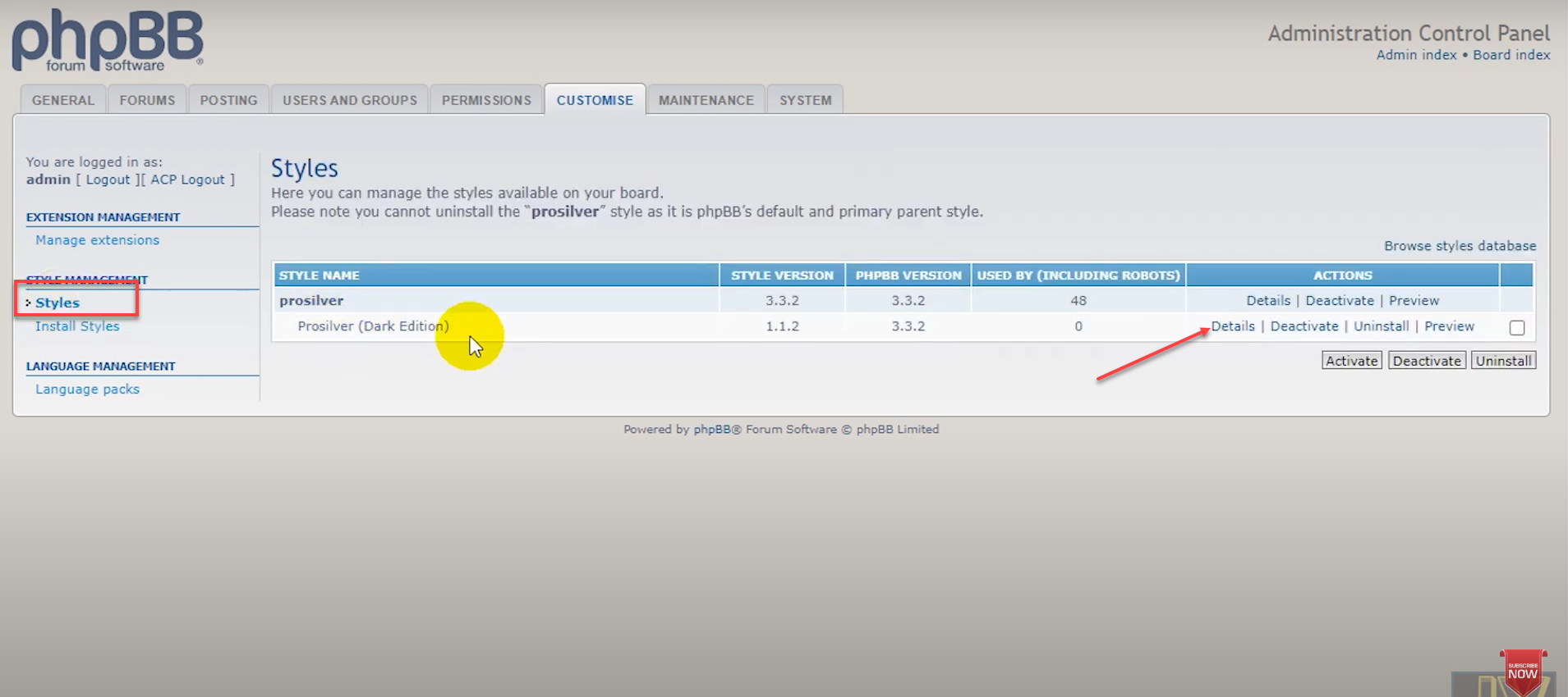 Install Styles link under Actions column