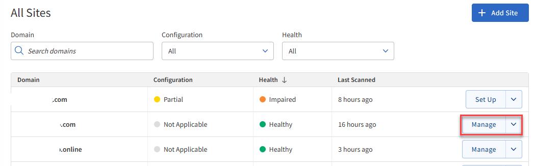 BH SiteLock Dashboard - Site - Manage