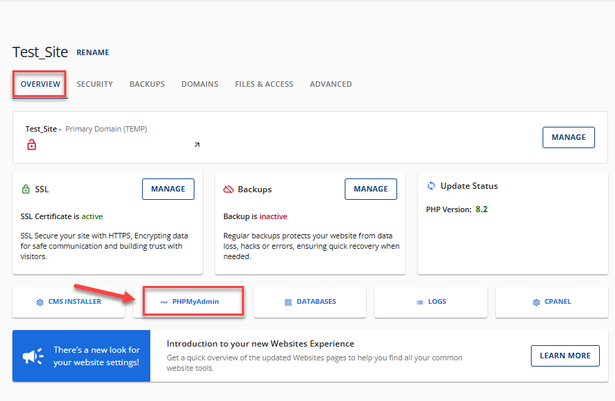 phpMyAdmin button