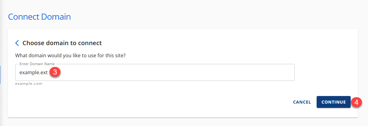 Connect Domain Name Section CONTINUE button