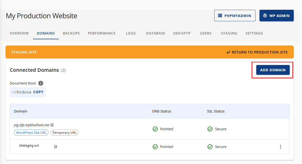 Connect Domains ADD DOMAIN button