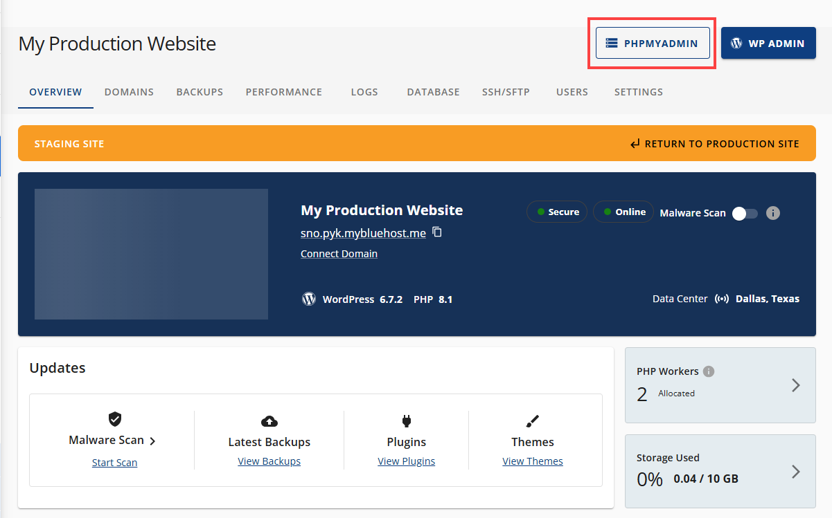 Cloud Staging Site Overview PHPMYADMIN button