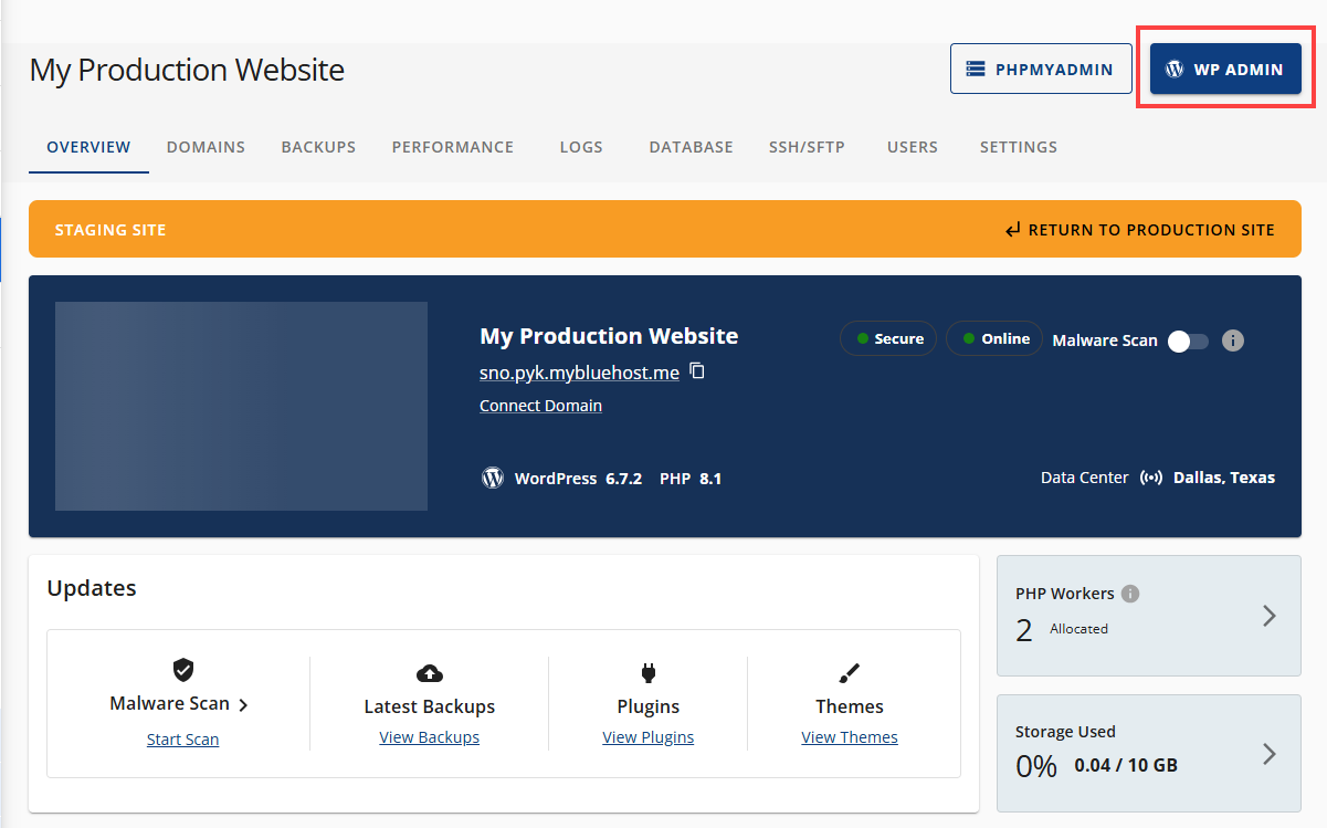 Cloud Staging Site Overview WPADMIN button