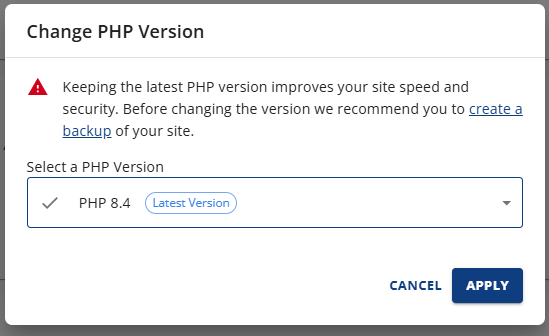 Change PHP Version Popup APPLY button