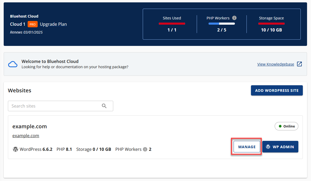 Cloud Hosting Websites MANAGE button