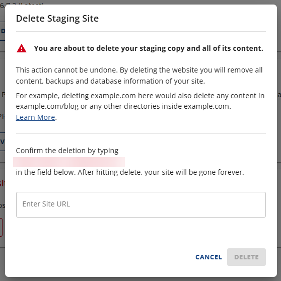 Delete Staging Site Pop-up