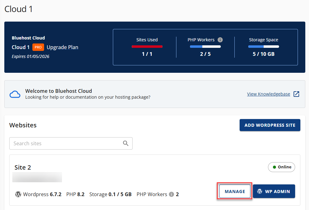Staging Sites Manage Button
