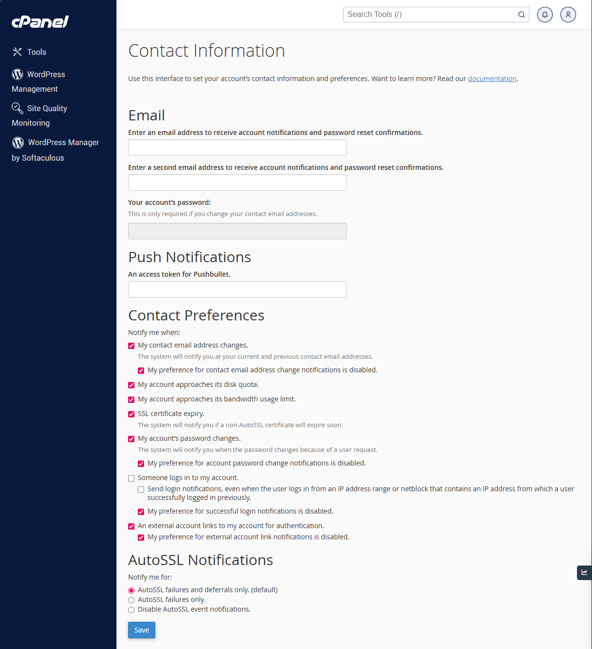 BH cPanel Contact Information Page