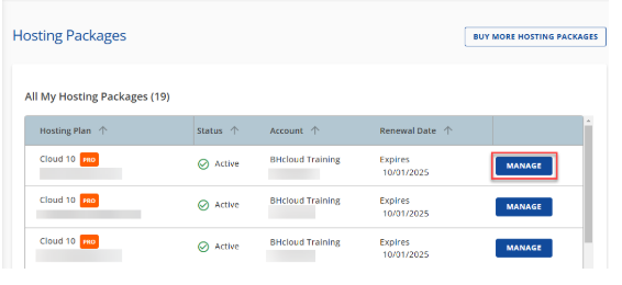Hosting Packages Manage Button