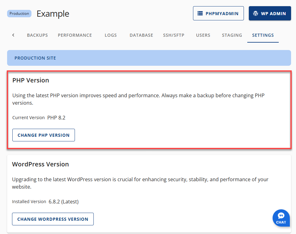 Bluehost Account Manager - Websites Tab - Settings - PHP Version section View