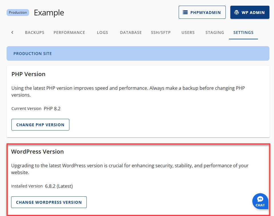 Bluehost Account Manager - Websites Tab - Settings - WordPress Version section View