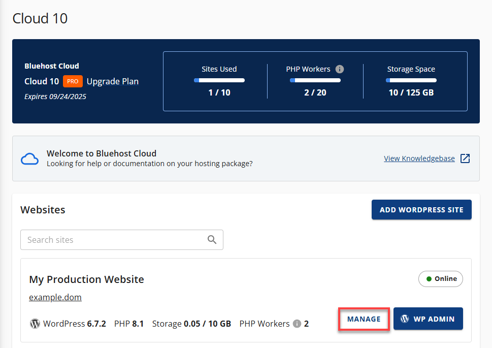 Cloud Hosting Websites MANAGE button
