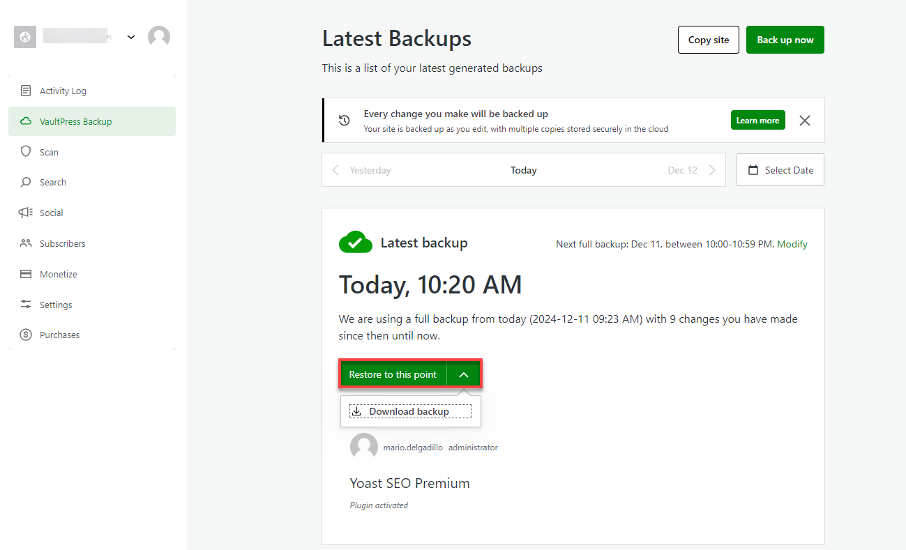 Bluehost WordPress Dashboard - Jetpack Backups Restore to this point Option