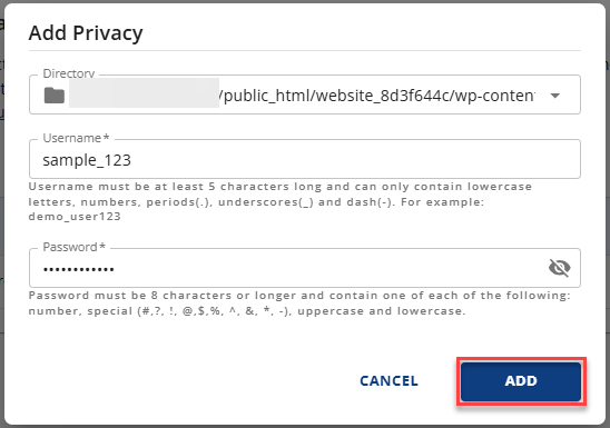 Add Privacy Pop-up Add button