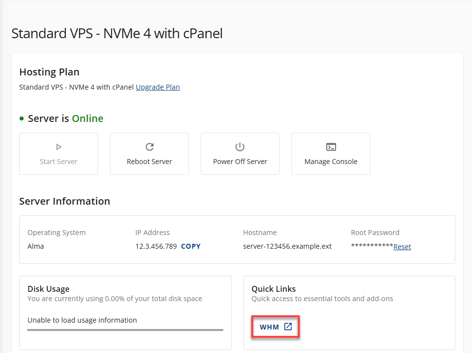 Bluehost Hosting VPS Quick Links WHM
