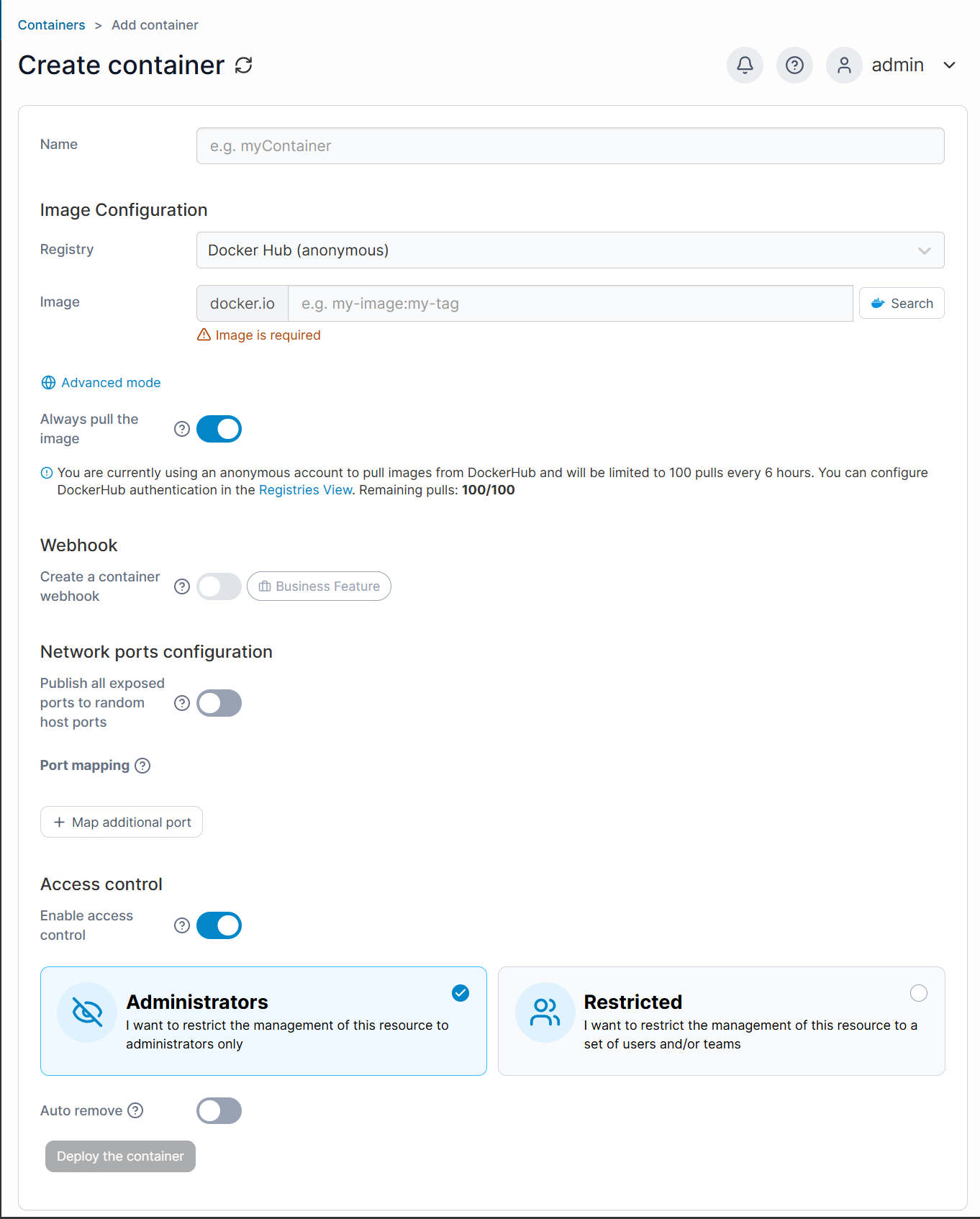 BH Self-Managed VPS Portainer Add Container Details