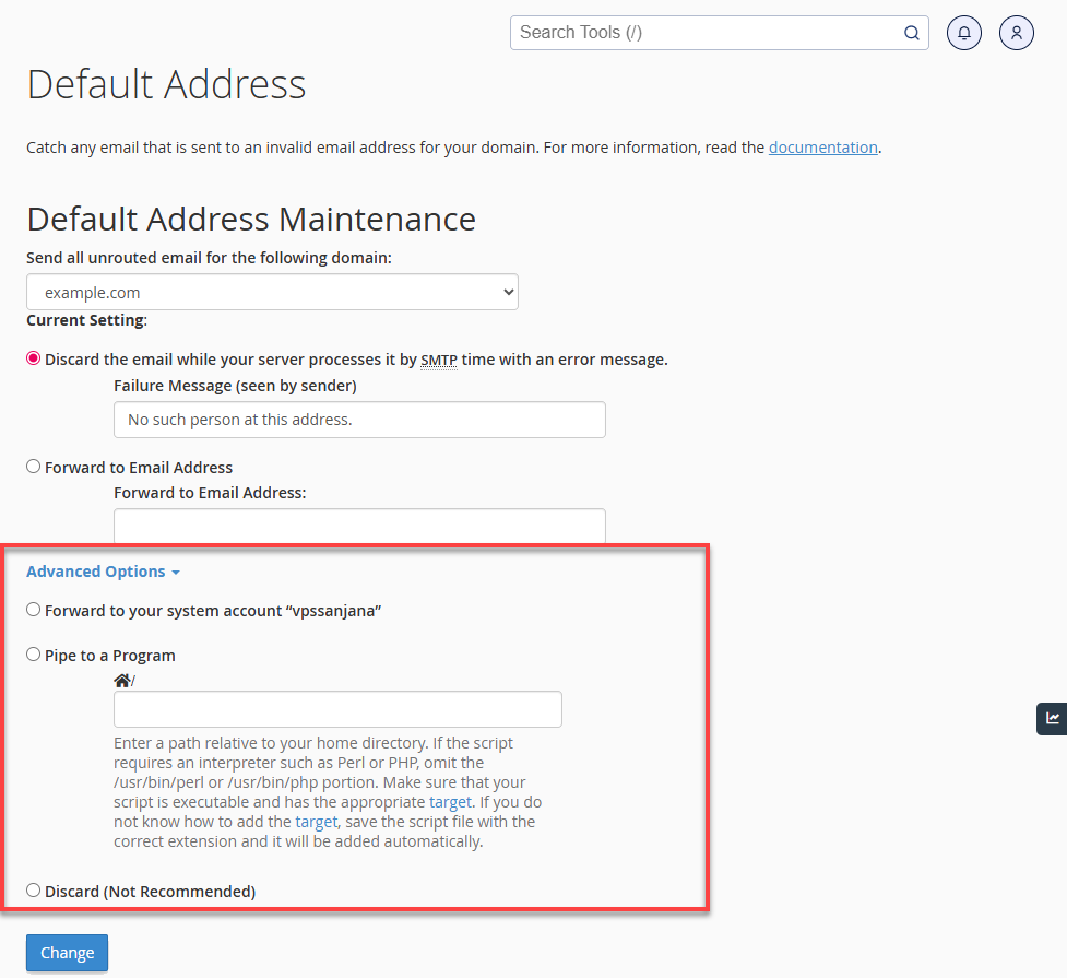 BH cPanel Default Address Advanced Options