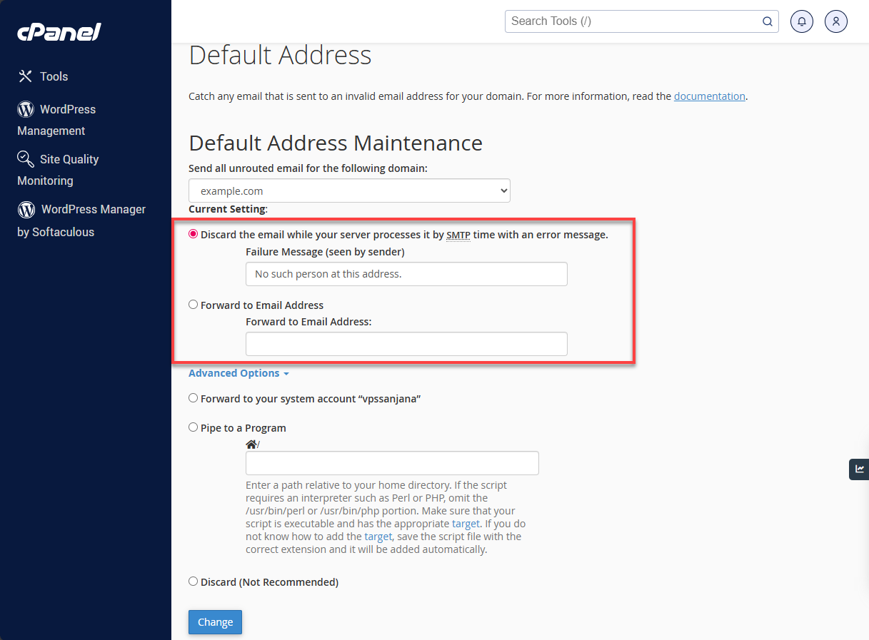 BH cPanel Default Address Settings
