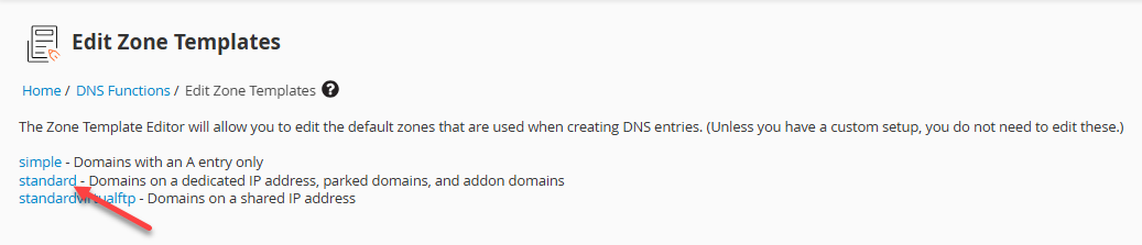WHM - DNS Functions - Edit Zone Templates