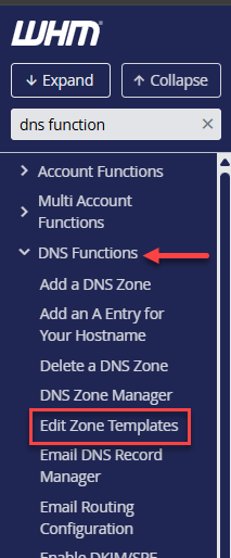 WHM - DNS Functions - Edit Zone Templates