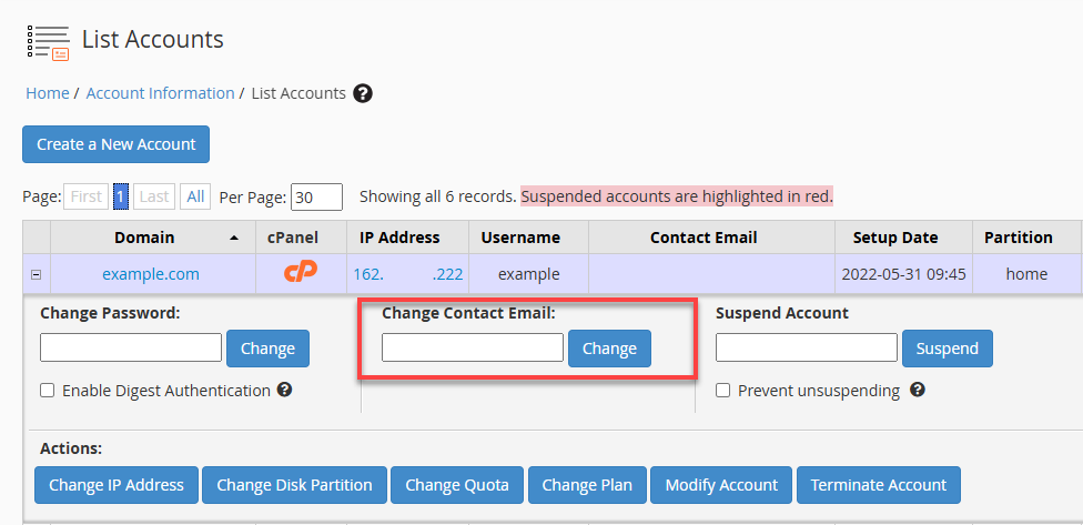 BH WHM List Accounts Change Contact Email